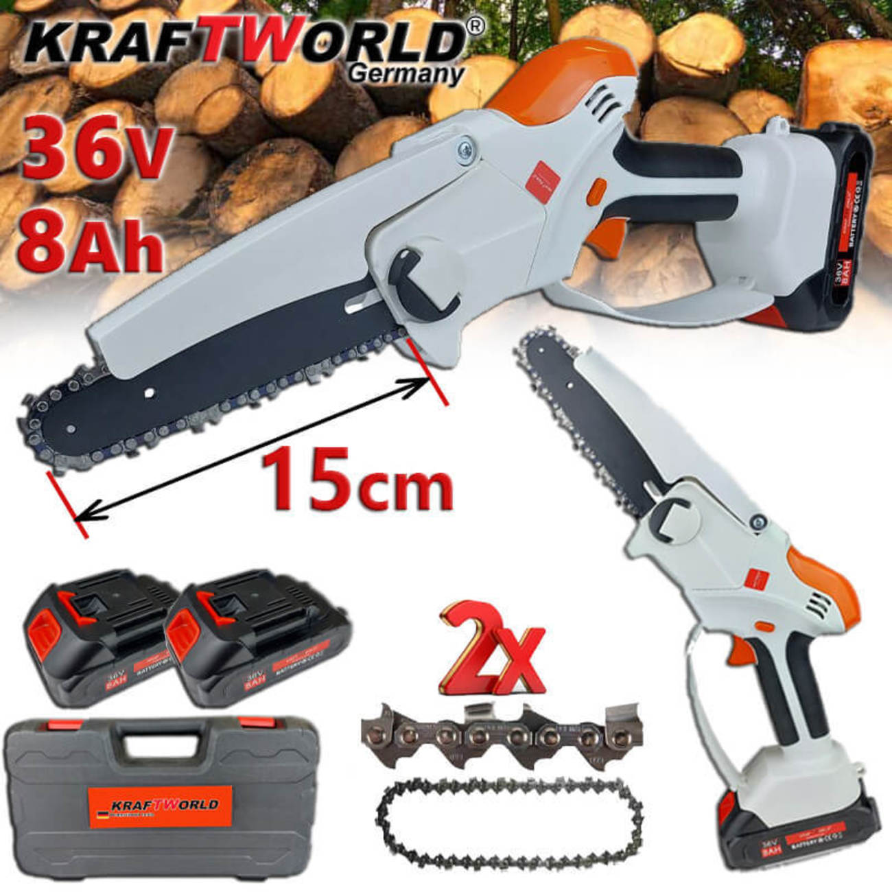 Немски Акумулаторен Трион KraftWorld 36V 8Ah + 2 Вериги - Резачка за клони