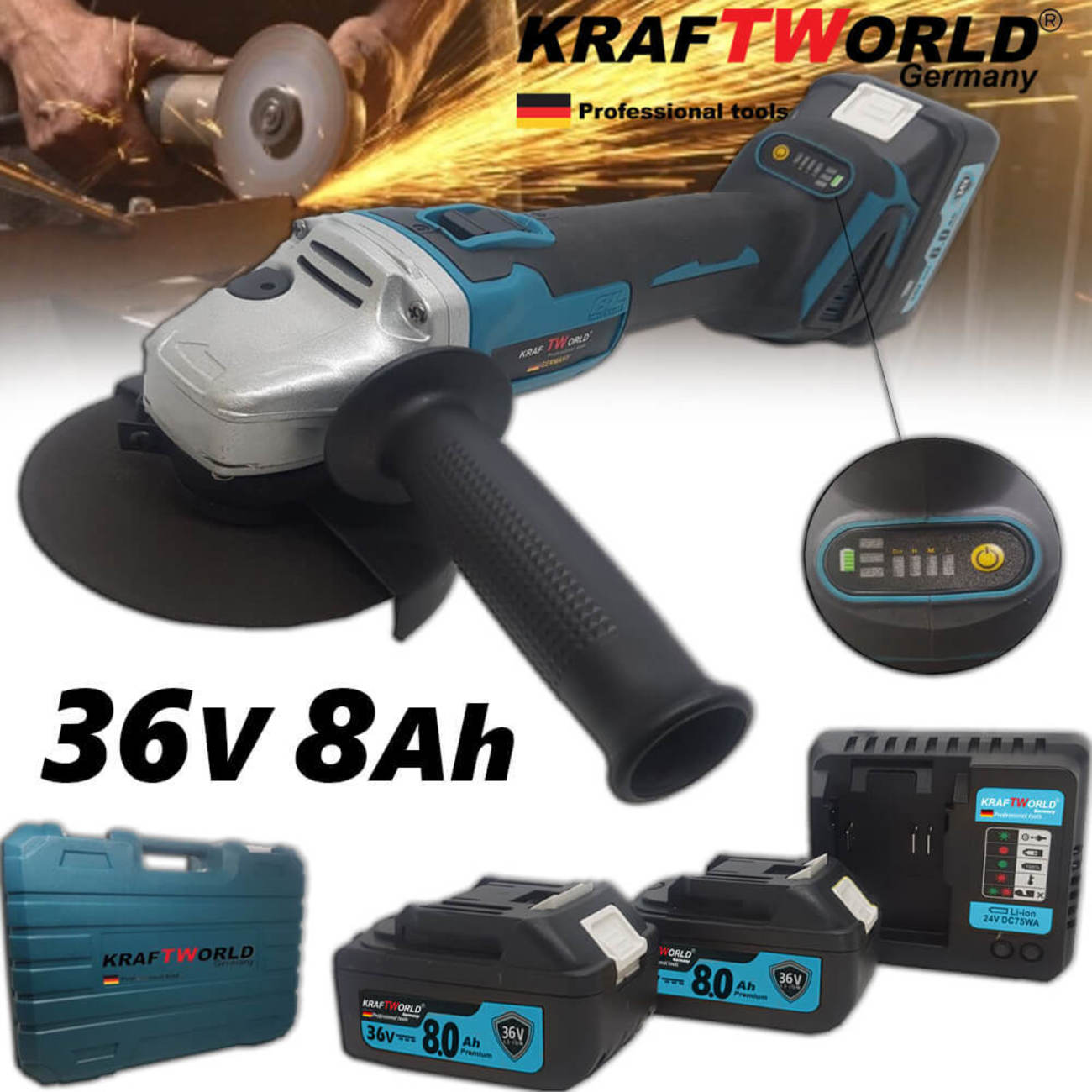 Немски Акумулаторен Безчетков Ъглошлайф KraftWorld 1800W с 2 Батерии 24V